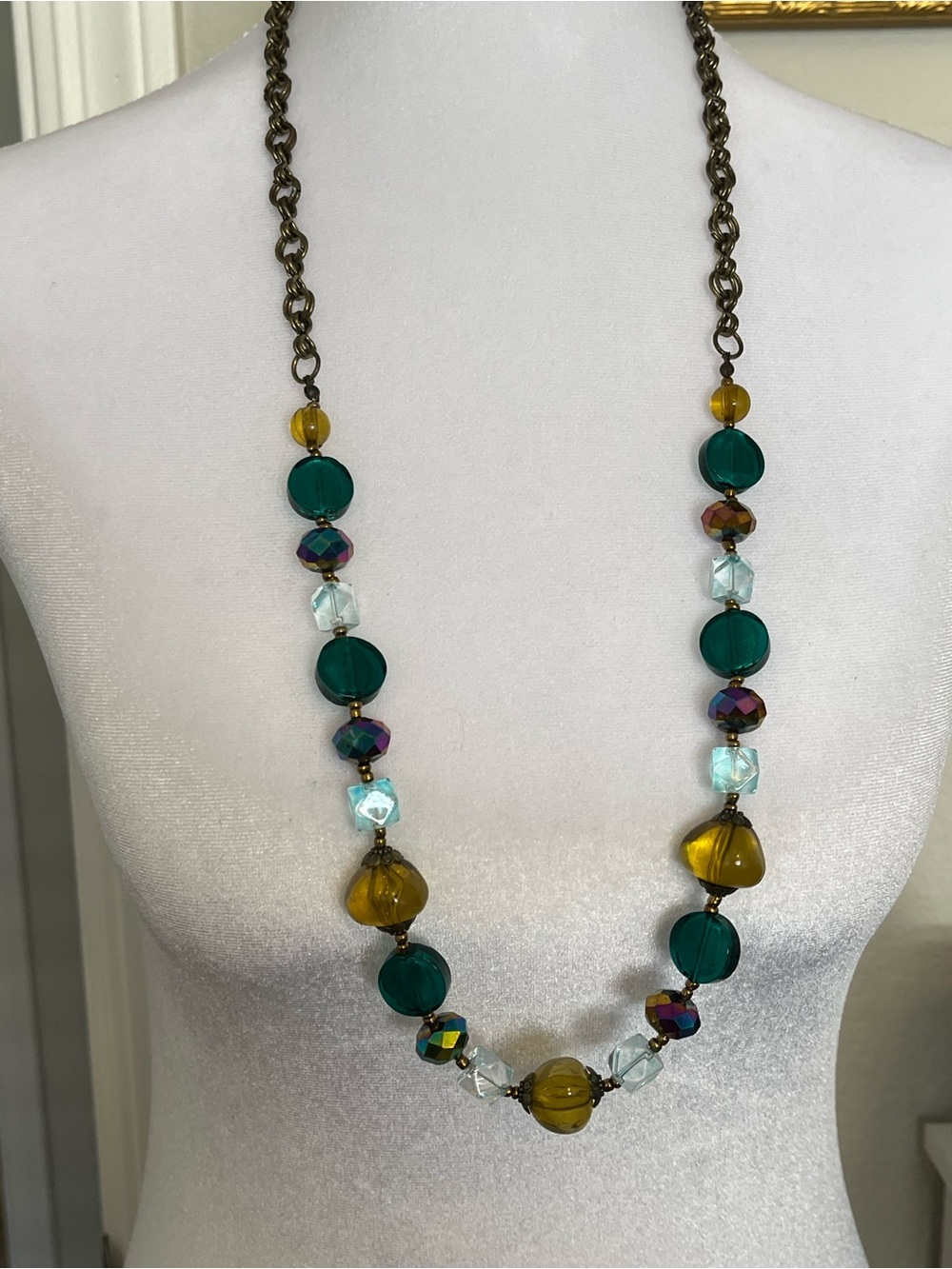 Antique bronze art glass green long double ring necklace 30”